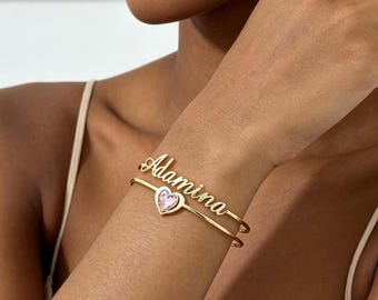 Pulsera rígida personalizada con nombre y piedra de nacimiento, joyería de oro personalizada, regalos de cumpleaños para niñas y bebés.