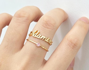 Personalized Name Birthstone Ring, Dainty Minimalist Gold Nameplate Jewelry, Women Mom Birthday Gifts