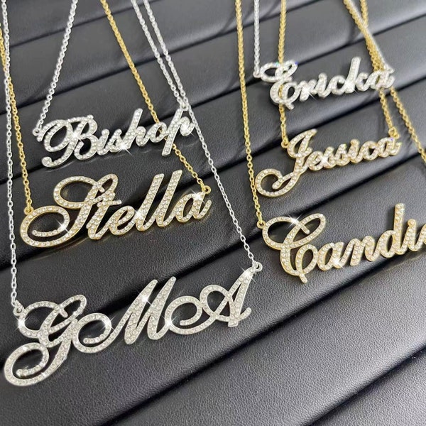 Bling Diamond Name Necklace,Personalized Minimal Jewelry,Silver Name Necklace,Pave Name Necklace,Gold Custom Name Necklace,Anniversary Gifts