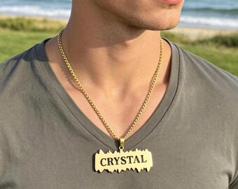 18K Gold Custom Name Bar Necklace, Personalized Men's Jewelry