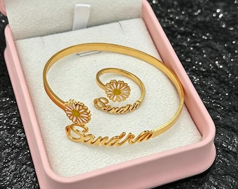 Personalized Birth Flower Name Ring and Bracelet Set, Minimalist Bangle Jewelry