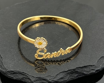 Dainty Birth Flower Name Bracelet, Gold Minimalist Floral Bangle, Personalized Birhday Jewelry Gifts