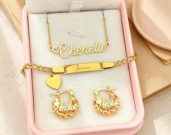 18K Gold Baby Name Jewelry Set, Custom Mini Hoop Earrings, Necklace, Bracelet, Christmas Gifts