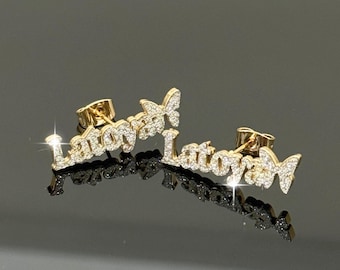Custom Name Stud Earrings, Bling Gold Jewelry, Personalized Gift