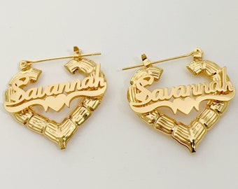 Custom Name Earrings,Heart Earrings Gold,Personalized Earrings,Bamboo Earrings,Mini Hoop Earrings, Custom Jewelry,Women Name Earrings Gifts