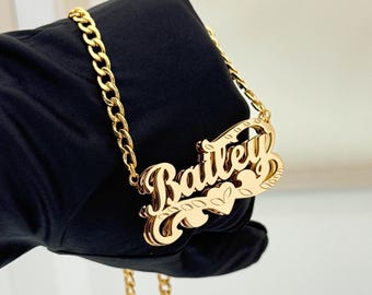 Custom Double Name Necklace, Personalized Big Nameplate Pendant, Women Gold Jewelry, Birthday Gifts