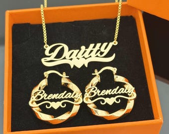 18K Gold Personalized Name Necklace & Hoop Earring Set