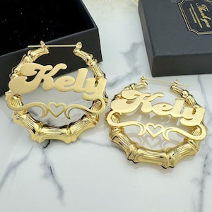 Orecchini di bambù personalizzati,Orecchini di bambù con nome,Orecchini a cerchio d&#39;oro,Orecchini con nome personalizzati,Orecchini a cerchio grandi,Cerchi personalizzati,Regalo con targhetta