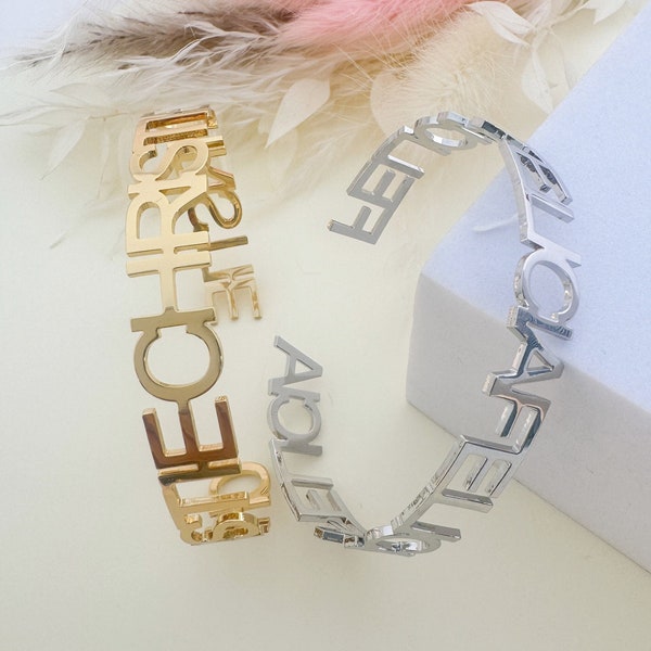 18k Gold Name Bracelet,Custom Name Bracelet,Name Cuff Bangle,Personalized Jewelry,Custom Nameplate,Custom Bracelet,Christmas Gift For Her