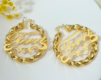 Custom Name Earrings Hoop,Gold Chunky Earrings,Name Twist  Earring,Big Hoop Earrings,Name Earrings Gold,Personalized Hoops,Name Jewelry Gift