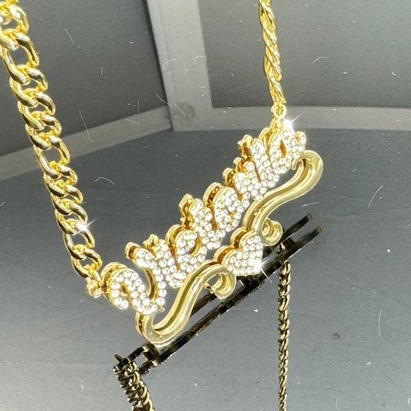 Custom Double Plate Diamond Necklace,Heart Nameplate Necklace,Custom Name Necklace,Personalized Jewelry,Gold Name Necklace,Mom Necklace Gift