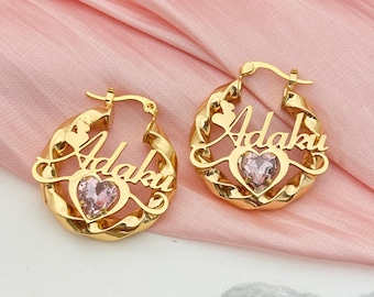 Kids Birthstone Twist Hoop Earrings, Custom Name Jewelry, Personalized Kids Baby Birthday Gifts