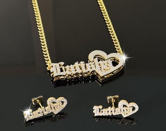 18K Gold Double Name Necklace and Stud Earrings Set, Gothic Font, Personalized Bling Jewelry