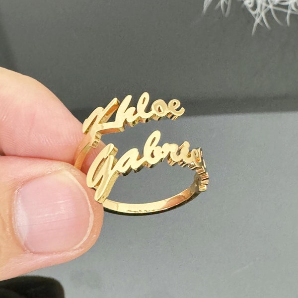 Custom Double Name Ring: Personalized Silver Mothers Ring, Gold Hoops, Bridesmaid Gifts