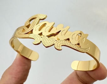 Personalized Name Bangle Bracelet: Dainty Gold Minimalist Jewelry, Custom Nameplate Gifts