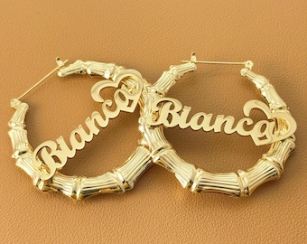 Custom Bamboo Hoop Earrings, Gold Name Jewelry, Personalized Big Hoops, Mothers Earrings, Nameplate Gifts