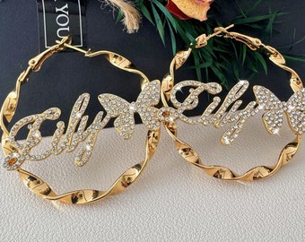 Aangepaste diamanten naam oorbellen, bling naam oorbellen, gouden hoepel oorbellen, gepersonaliseerde jewerly, aangepaste oorbellen, naam hoepel oorbellen, kerstcadeau