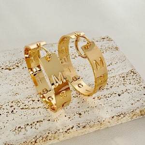 18K Gold Personalized Name Hoop Earrings: Chunky Custom Jewelry, Big Hoops, Initial Letter Earrings