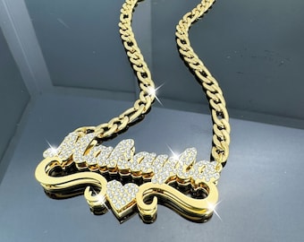 Custom Double Plate Diamond Necklace,Heart Nameplate Necklace,Bling Name Necklace,Personalized Jewelry,Gold Name Necklace,Personalized Gifts