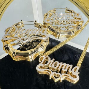 Custom Double Name Necklace Set,Gold Bamboo Hoop Earrings,Bling Name Earring,Christmas Gifts For Her,Personalized Necklace,Women Jewelry Set
