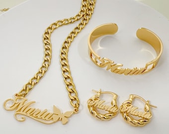Custom Name Jewelry Set: Gold Mini Hoop Earrings, Name Bracelet