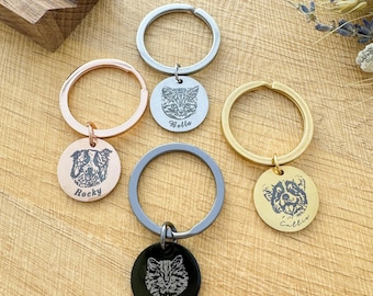 May include: Four personalized pet keychains with engraved images of cats and dogs. The keychains are made of metal and come in silver, gold, rose gold, and black.