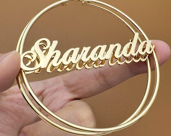 18K Gold Hoop Earrings, Big Nameplate Hoops, Letter Earrings, Personalized Jewelry, Handmade Gifts