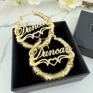 Custom Bamboo Earrings,Name Bamboo Earrings,Personalized Earrings,Gold Name Hoops,Large Hoop Earrings,Custom Women Jewelry,Personalized Gift