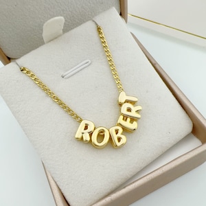 Colar com nome e letra de bolha 3D de ouro 14k, colar inicial de bolha, colar com nome de ouro, colar de ouro delicado, joias personalizadas, presentes para a mãe