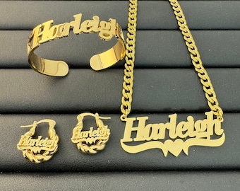 Personalized Baby Name Jewelry Set: Gold Hoop Earrings, Mini Name Earring, Bangle Bracelet, Necklace