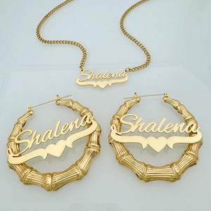 Custom Name Jewelry Set,Gold Hoop Earrings,Name Necklace Set,Personalized Earrings,Bamboo Hoop Earrings,Gold Name Necklace,Mom Gift,Gifts