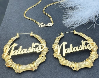 Custom Name Necklace Set,Name Earrings Gold,Gold Name Necklaces,Custom Hoop Earrings,Big Bamboo Earrings,Name Jewelry Set,Personalized Gifts