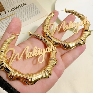 Custom Bamboo Earrings Name,Large Big Bamboo Hoop Earring,Personalized Name Earrings,Gold Hoop Earrings,Nameplate Jewelry Gift For Her,Gifts