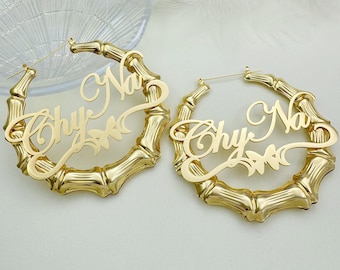Custom Name Bamboo Hoop Earrings: Personalized Nameplate Jewelry