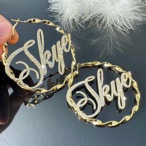 Custom Diamond Name Earrings,Gold Hoop Earrings,Bling Name Earrings,Personalized Name Earrings,Pave Script Name Earrings,Women Jewelry Gifts