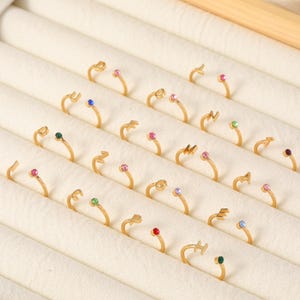 Peut inclure: Une collection de piercings de nez dorés, chacun en forme de lettre de l'alphabet. Chaque anneau est orné d'une petite pierre précieuse colorée. Les anneaux sont présentés dans un plateau blanc segmenté.