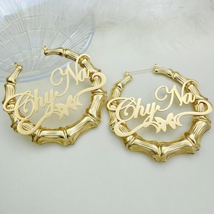 Custom Name Earrings,Gold Bamboo Earrings,Name Hoop Earrings,Personalized Name Earring,Large Hoop Earrings,Name Plate Jewelry,Gifts For Her