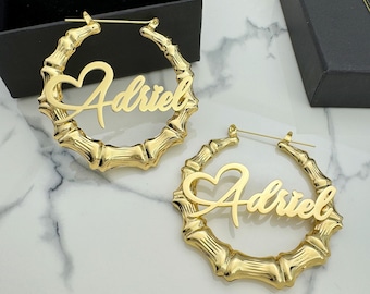 Custom Name Bamboo Hoop Earrings: Personalized Nameplate Jewelry