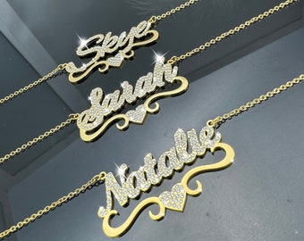 Custom Diamond Name Necklace, Personalized Heart Nameplate, USA Made