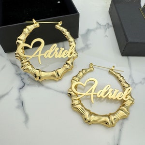 Custom Hoop Earrings,Gold Bamboo Earrings,Custom Name Hoops,Personalized Name Earring,Large Name Earrings,Nameplate Jewelry Gifts,Women Gift