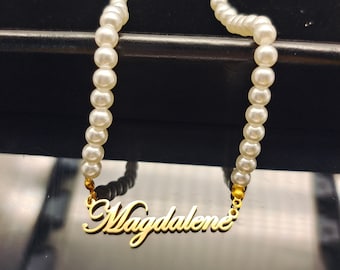 Custom Pearl Name Necklace: Personalized Script Nameplate Jewelry