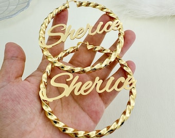 Custom Name Hoop Earrings: Personalized Chunky Hoops, Gold Nameplate Twist Hoops, Gift for Mom