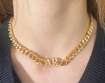 18K Gold 8mm Cuban Chain Name Necklace: Personalized Jewelry Gift, Initial Letter Name Charm