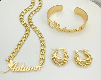 Personalized Baby Name Jewelry Set: Gold Name Necklace, Bracelet & Earrings, Christmas Kids Gifts