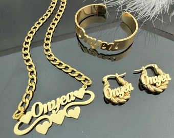 Kids Birthstone Jewelry Set, Gold Nameplate Necklace, Dainty Birthstone Necklace, Custom Name Earrings, Personalized Bangel, Birthday Gift