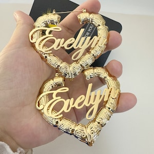 18k Gold Heart Bamboo Name Earrings,Custom Hoop Earrings,Personalized Name Earrings,Name Earrings Gold,Gold Nameplate Jewelry,Gifts For Her