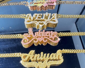 Personalized Double Name Necklace: Bling Custom Jewelry, Gold Nameplate,Mom Gift