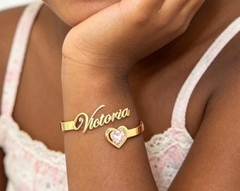 Custom Kids Baby Name Bangle Bracelet, Personalized Birthstone Jewelry, Birthday Gifts For Her