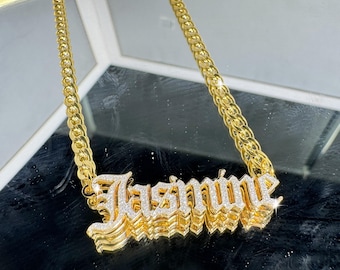 Custom Bling Old English Name Necklace: Personalized Gothic Jewelry,Gold Double Nameplate Gifts