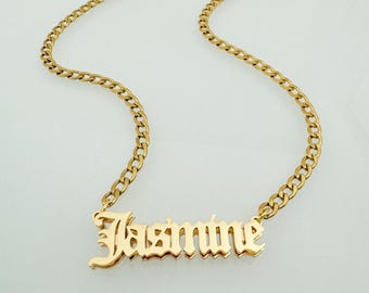 Custom Old English Double Name Necklace: Gothic Nameplate Jewelry